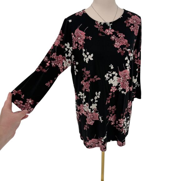 J. Jill Floral Tunic Top Size MEDIUM Wearever Black Blossom Pleated 3/4 Sleeve - Picture 4 of 13